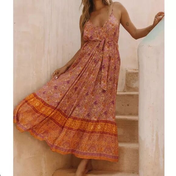 SPELL Village Strappy Boho Madi Dress in Sunrise - Picture 2 of 11